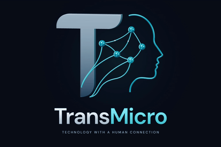 TransMicro — a silver T and teal human profile turning gently in 3D as light moves through five connected nodes